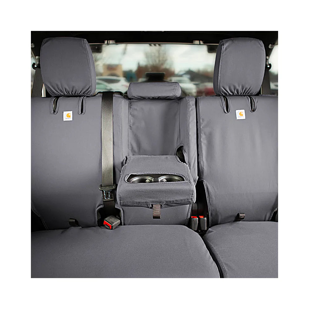 Covercraft Carhartt SeatSaver gravel front bench installed view in 2024-2025 Toyota Tacoma cabin