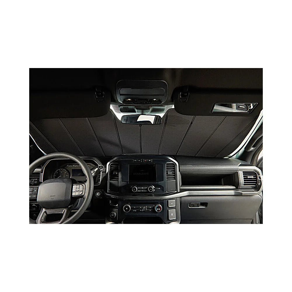 Covercraft UVS100 Tundra sunscreen deployed inside 22-26 Toyota Tundra cabin dash view