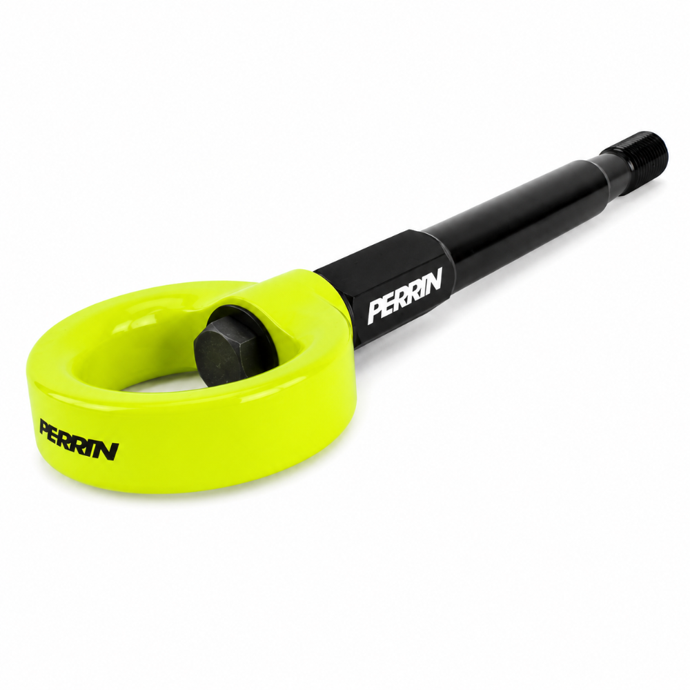 Angled close-up of the PERRIN PSP-BDY-238NY neon yellow tow hook with black threaded shaft.