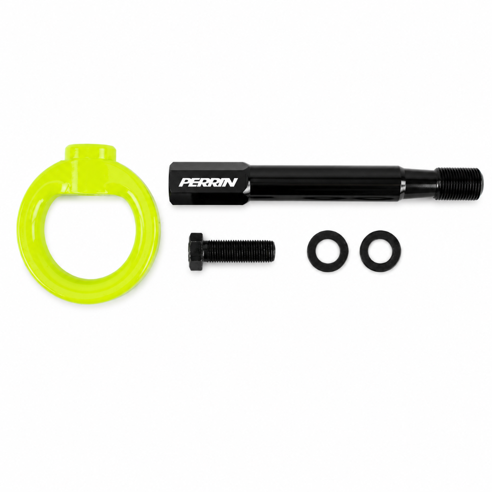 PERRIN PSP-BDY-238NY neon yellow tow hook kit with shaft, adapter, and two O-rings.