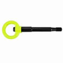 Load image into Gallery viewer, Side view of the assembled PERRIN PSP-BDY-238NY neon yellow tow hook and black mounting shaft.