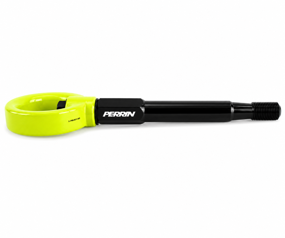 Top-angle view of the PERRIN PSP-BDY-238NY neon yellow tow hook with black threaded shaft.