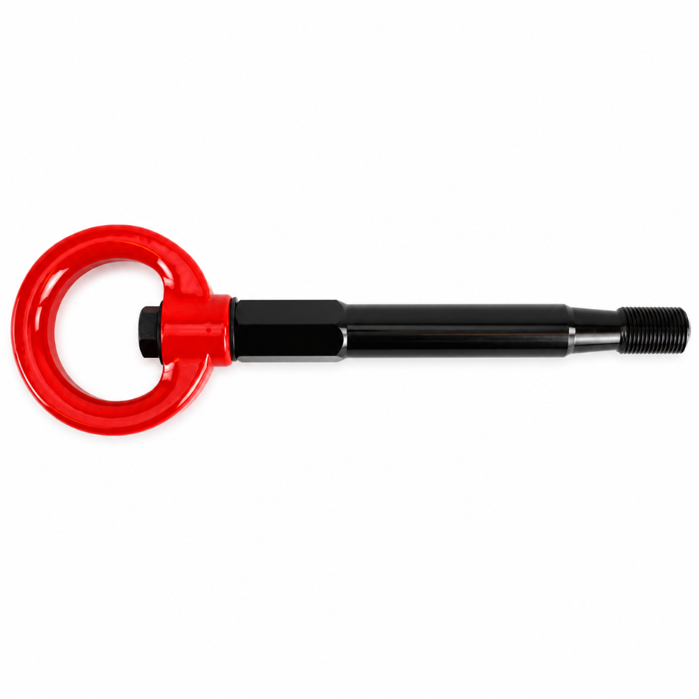Side view of the PERRIN PSP-BDY-238RD red tow hook with black threaded mounting shaft.