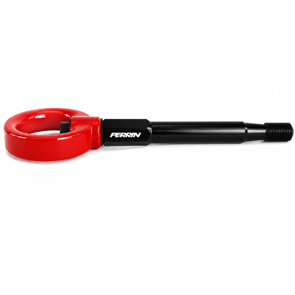 Top view of the assembled PERRIN PSP-BDY-238RD red tow hook and black mounting shaft.