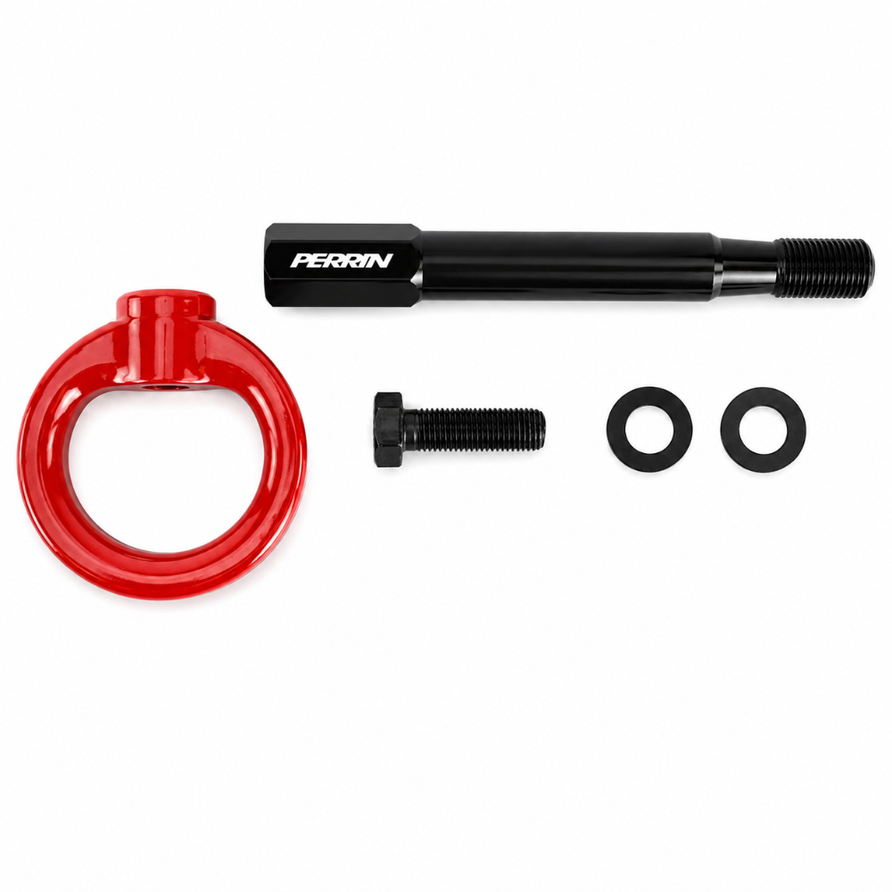 PERRIN PSP-BDY-238RD red tow hook kit with black shaft, adapter, and two O-rings.