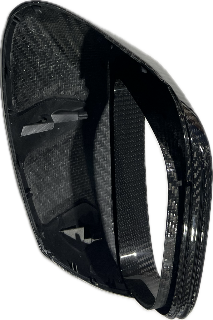 Porsche 992 911 carbon fiber mirror housing, underside clip and mounting detail