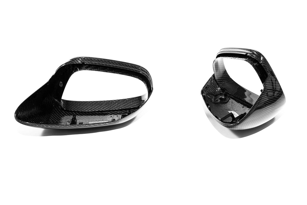 Porsche 992 911 carbon fiber mirror housing pair, underside mounting clip view