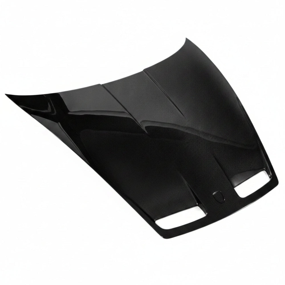Porsche 992 GT3 carbon fiber hood, top front angled view showing the twin vent openings