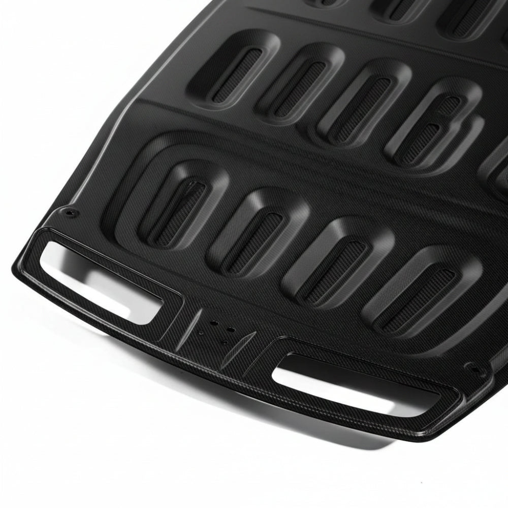 Porsche 992 GT3 carbon fiber hood full underside view with the vent channels and support ribs visible