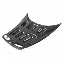 Load image into Gallery viewer, Porsche 992 GT3 carbon fiber hood underside showing the moulded reinforcement rib grid and mounting holes
