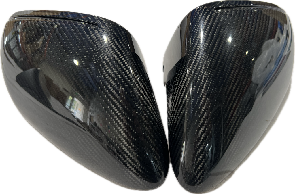 Porsche Taycan carbon fiber mirror housing pair, front facing product view