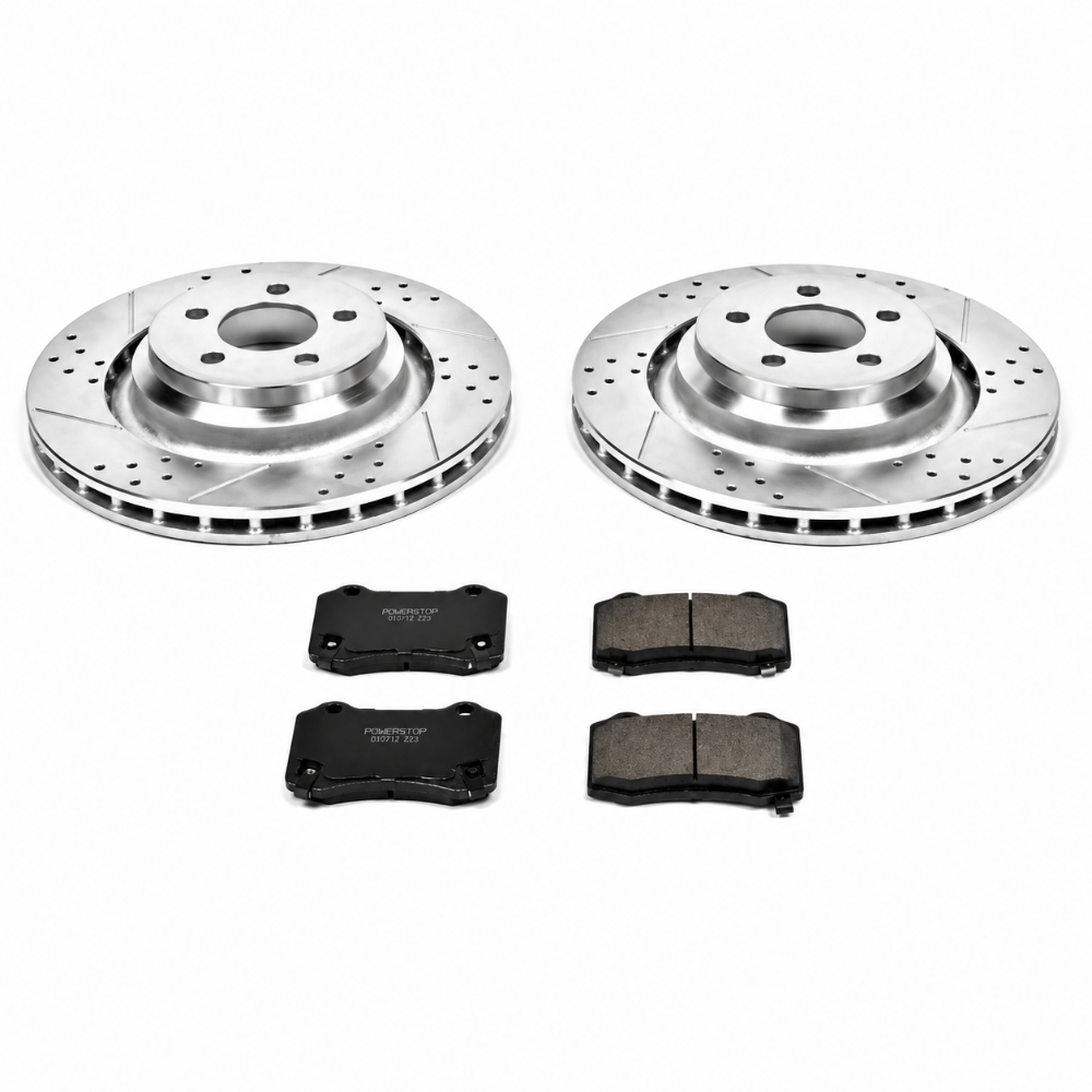 Power Stop Z23 rear brake kit with drilled slotted rotors ceramic pads and hardware