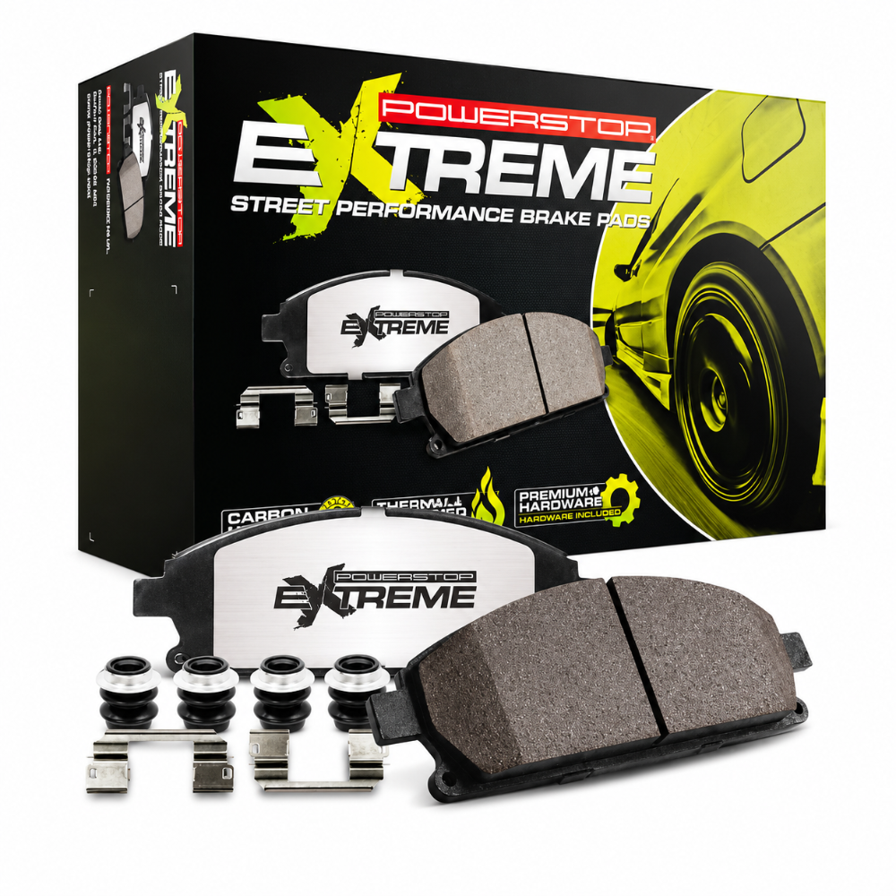 Power Stop Z26-2516 front brake pads with hardware and product packaging.