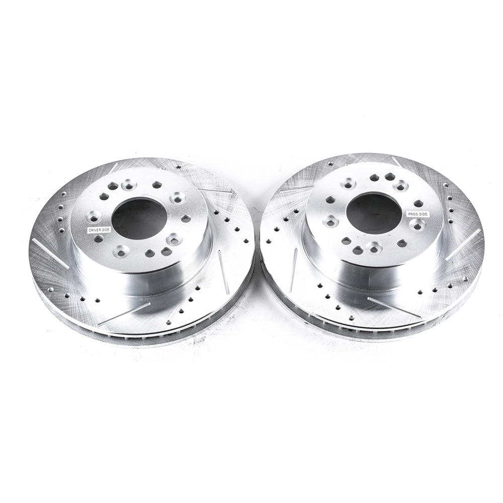 PowerStop AR8207XPR drilled and slotted rotor pair on a white background