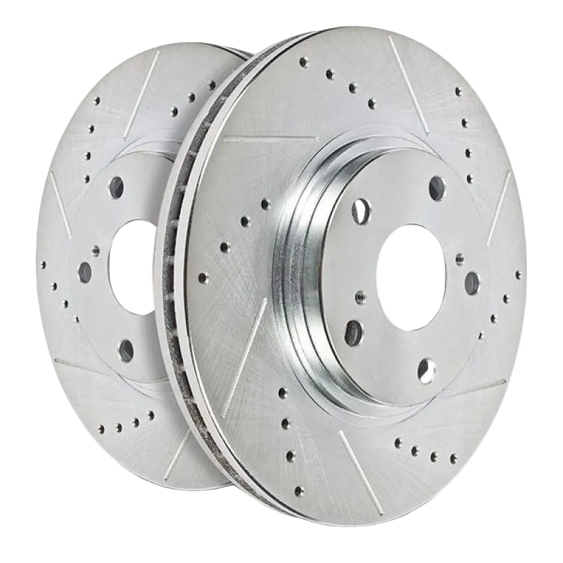 Two silver drilled and slotted PowerStop brake rotors shown for AR85222XL