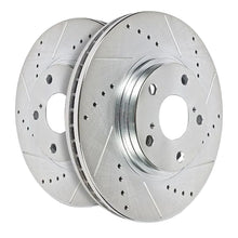 Load image into Gallery viewer, Two silver drilled and slotted PowerStop brake rotors shown for AR85222XL