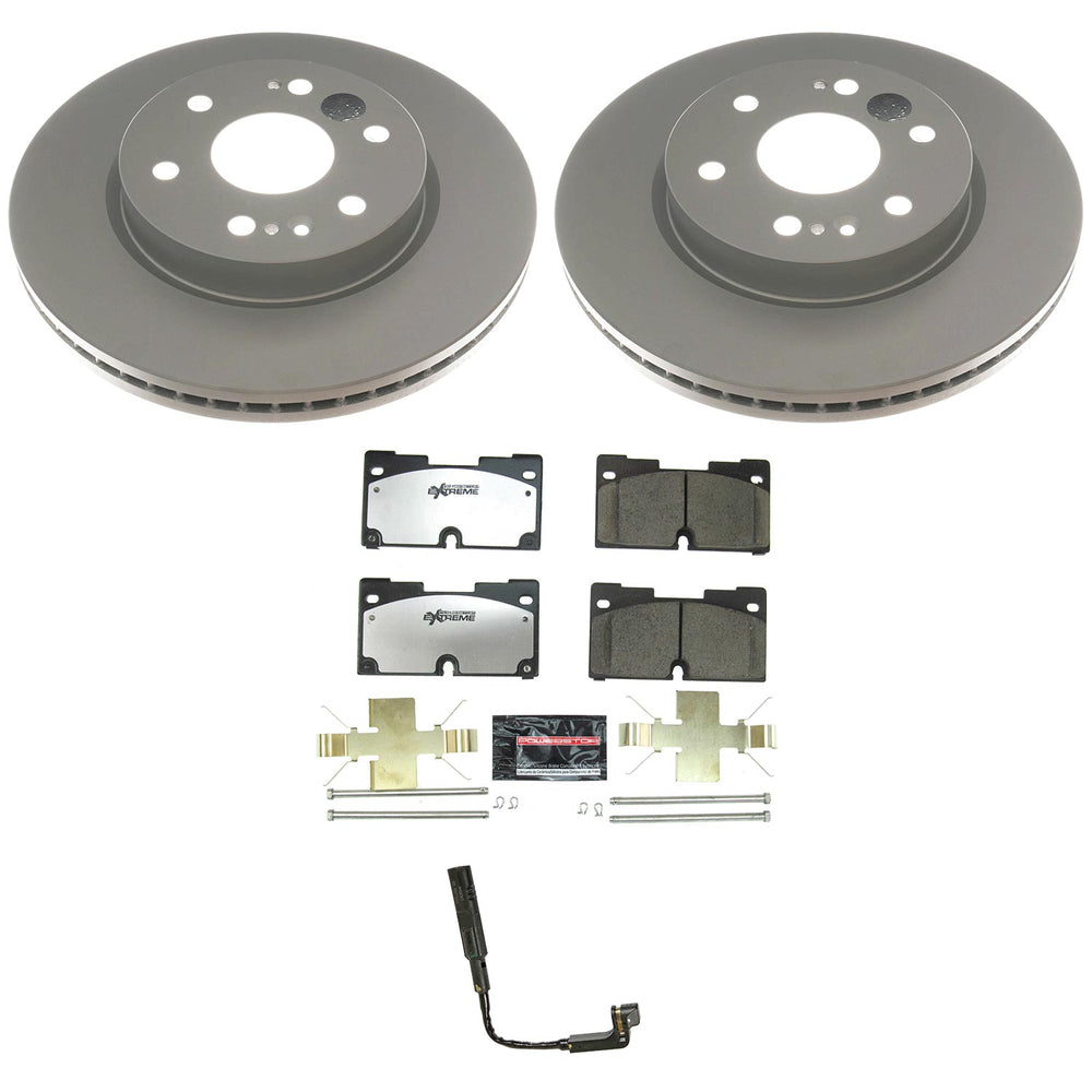 PowerStop CPK8172-36 drilled and slotted rotors, brake pads and the sensor shown on a white background