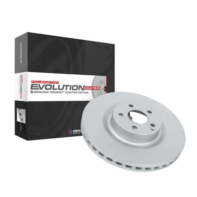 PowerStop Evolution GEOMET-coated front brake rotor retail box next to the rotor
