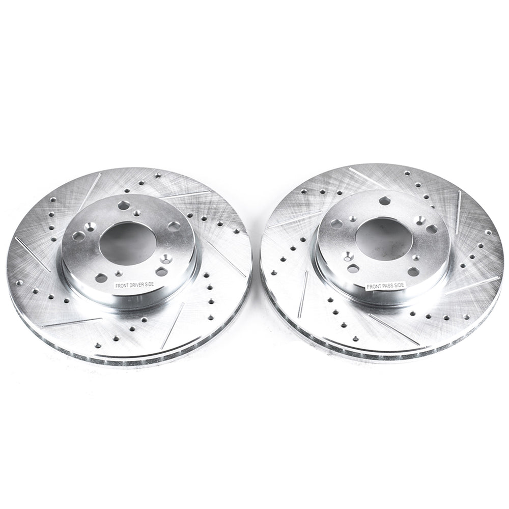 PowerStop JBR709XPR drilled and slotted rotor pair on a white background