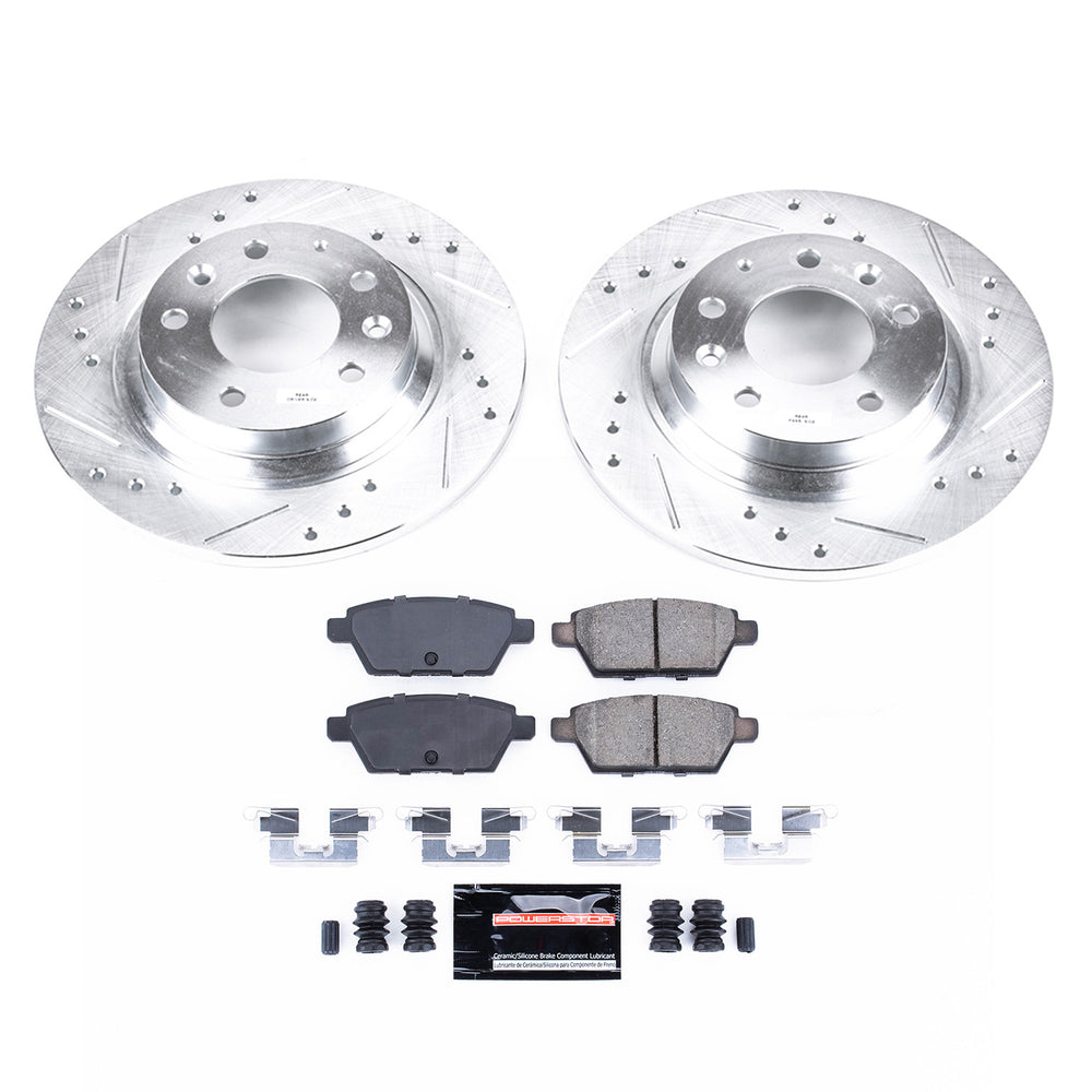 PowerStop K2450 drilled and slotted rotors and brake pads on a white background