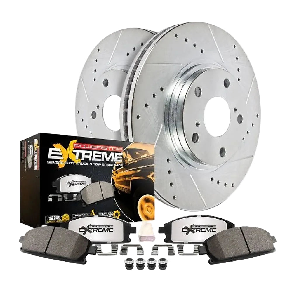 PowerStop Z36 drilled and slotted front brake kit components