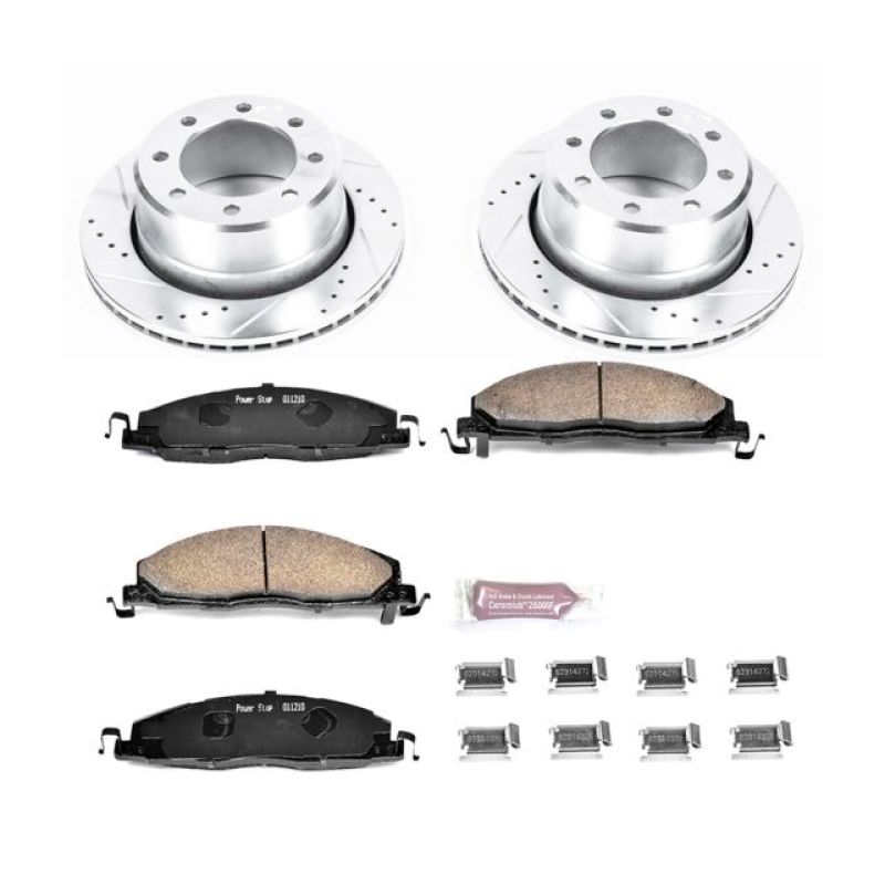 PowerStop K5487 Z23 rear brake kit with rotors, pads, hardware, and lubricant