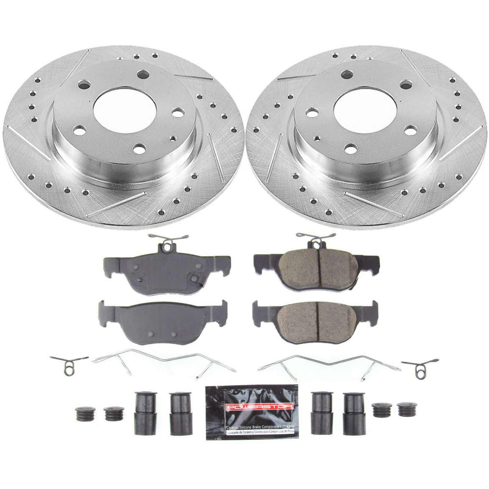 PowerStop K8334 drilled and slotted rotors and brake pads on a white background
