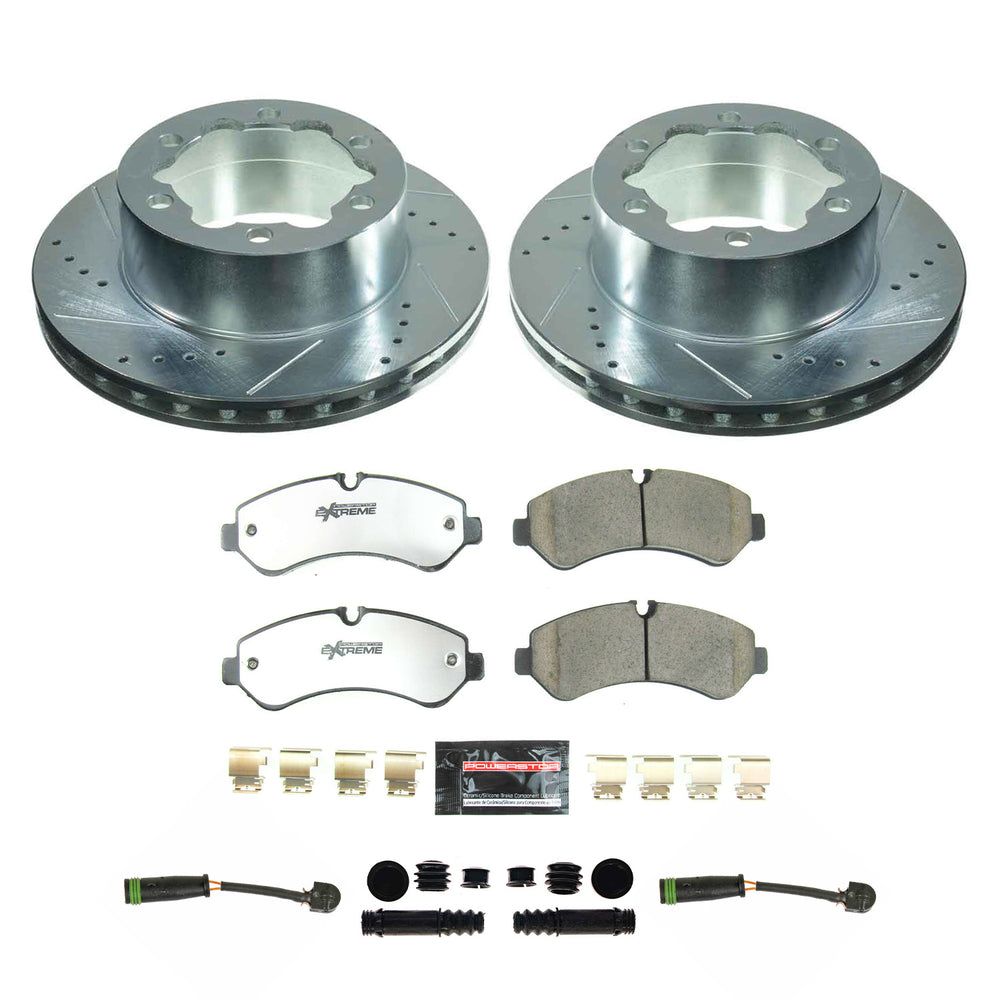 PowerStop K8431-36 drilled and slotted rotors and brake pads on a white background
