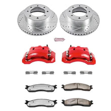 Load image into Gallery viewer, PowerStop Z36 front brake kit laid out with two drilled and slotted zinc rotors, two red powder coated calipers, two pairs of brake pads, shims and a lubricant packet