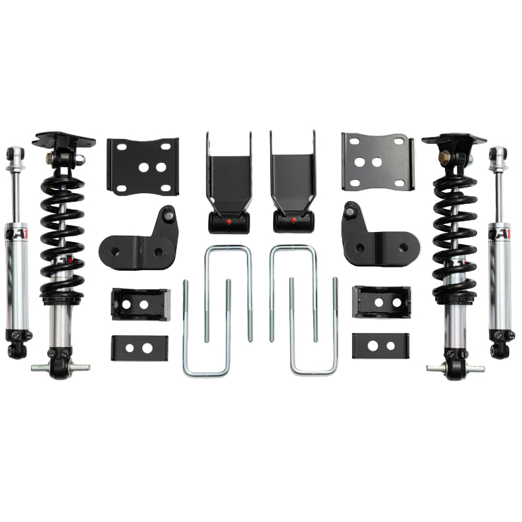 Photo showing all components of QA1 21-25 Ford F150 4WD dual adjustable lowering kit including coilovers, shocks and brackets