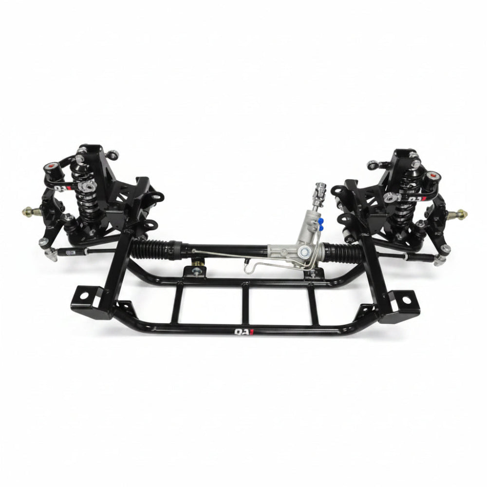Close-up of the QA1 tubular K-member and control arms installed on an A-Body chassis