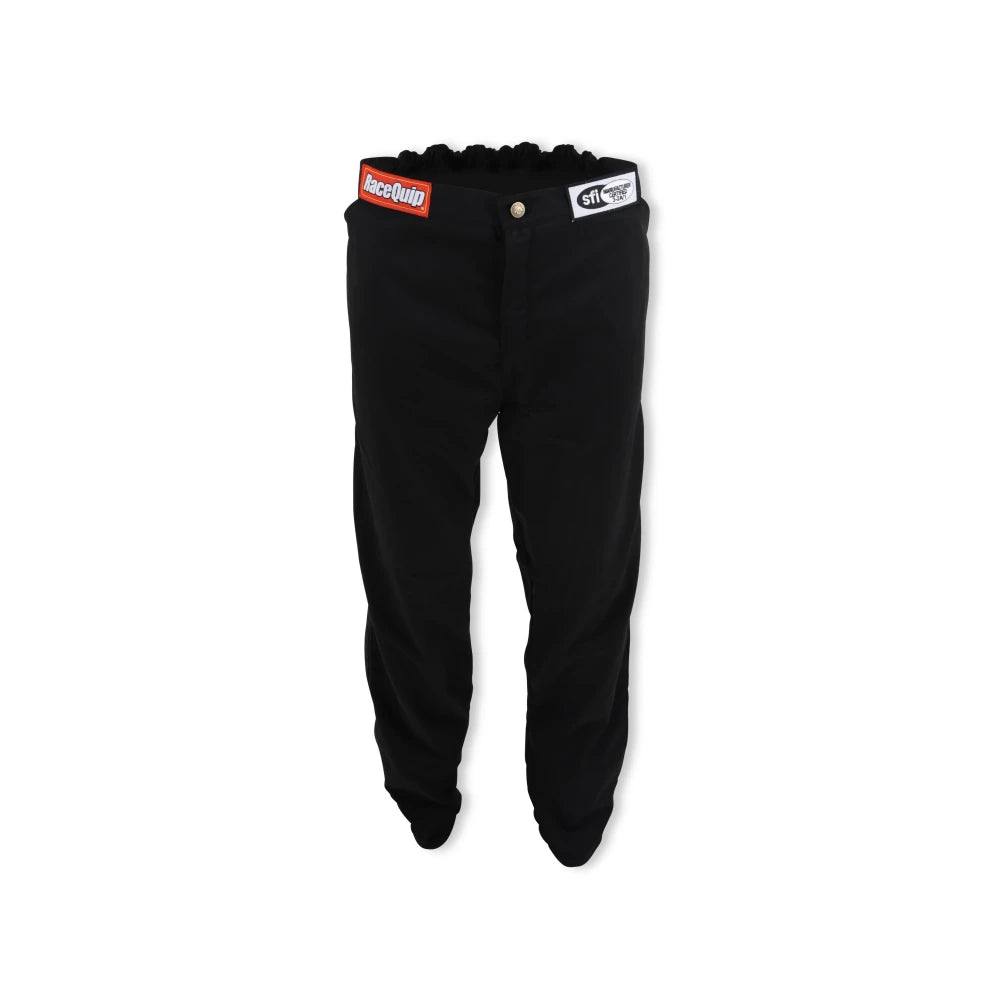 RaceQuip 120 Series black racing pants angled front view