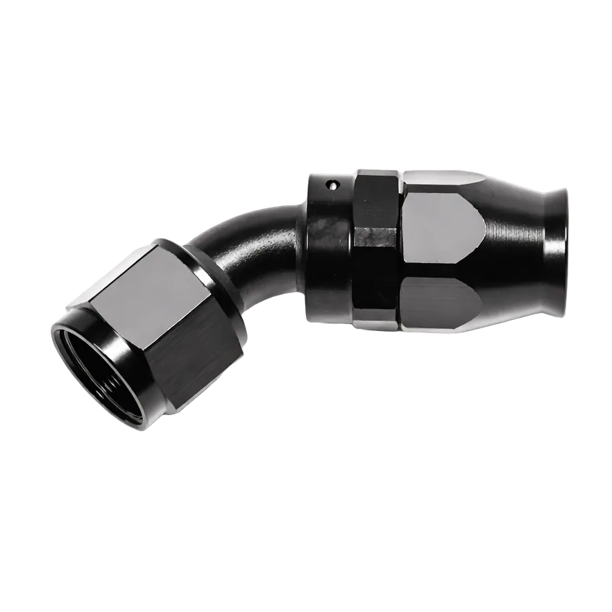 Radium 14-1632 10AN 45 degree hose end PTFE black fitting side view
