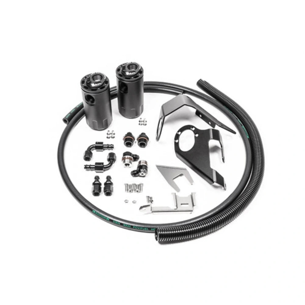 Radium 2009+ Nissan 370Z (VQ37VHR) Catch Can Kit - Fluid Lock (20-0525-FL) with catch cans, hoses, brackets and hardware on white