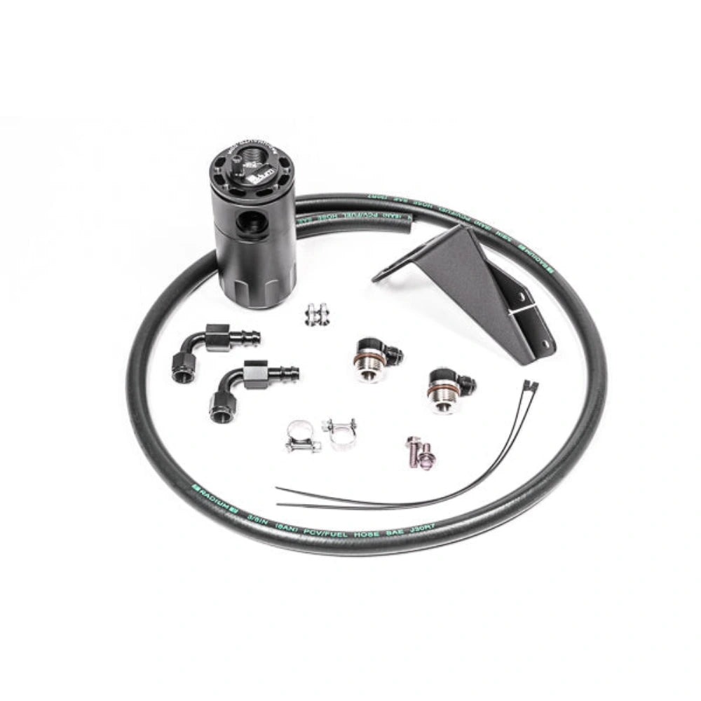 Radium 89-94 Nissan S13 PCV Catch Can Kit - Fluid Lock (20-0725-FL) with catch cans, hoses, brackets and hardware on white