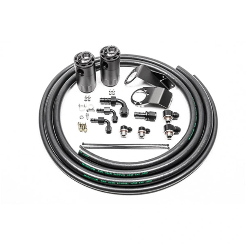Radium 89-94 Nissan S13 Dual Catch Can Kit - Fluid Lock (20-0727-FL) with catch cans, hoses, brackets and hardware on white