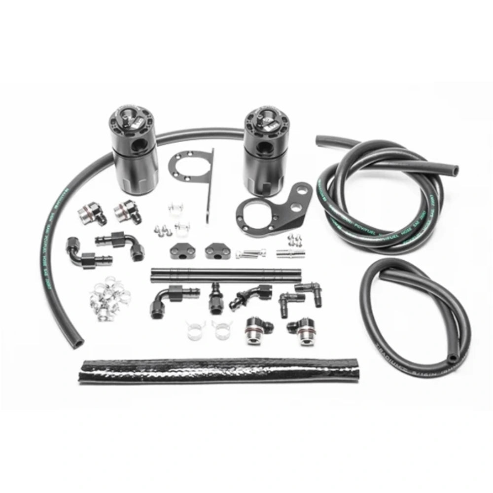 Radium 20-0826-FL Fluid Lock dual catch can kit with hoses, mounting brackets, fittings and hardware for Honda Civic Type R on white