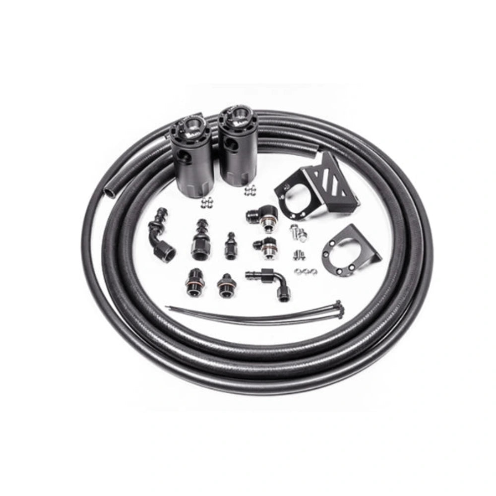 Radium 2016+ Toyota Tacoma Dual Catch Can Kit - Fluid Lock (20-0840-FL) with catch cans, hoses, brackets and hardware on white