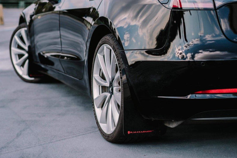 Rally Armor 17-22 Tesla Model 3 Black UR Mud Flap w/ White Logo - Black Ops Auto Works