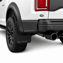 Load image into Gallery viewer, Rally Armor MF53-UR-BLK/DGRY black UR Series mud flaps for 2017-2020 Ford F-150 Raptor with dark grey logo