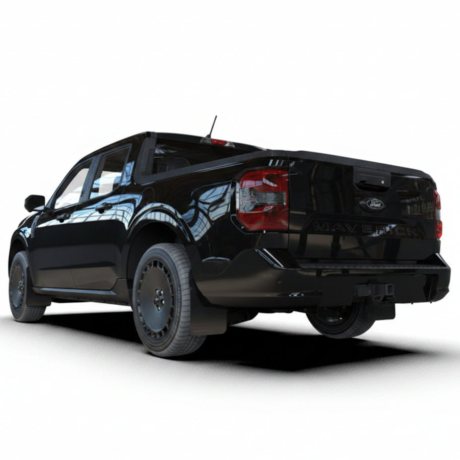 Rally Armor UR Urethane Mud Flaps, Black with Metallic Black Logo for 2022-2026 Ford Maverick - Rally Armor MF145-UR-BLK-MBK