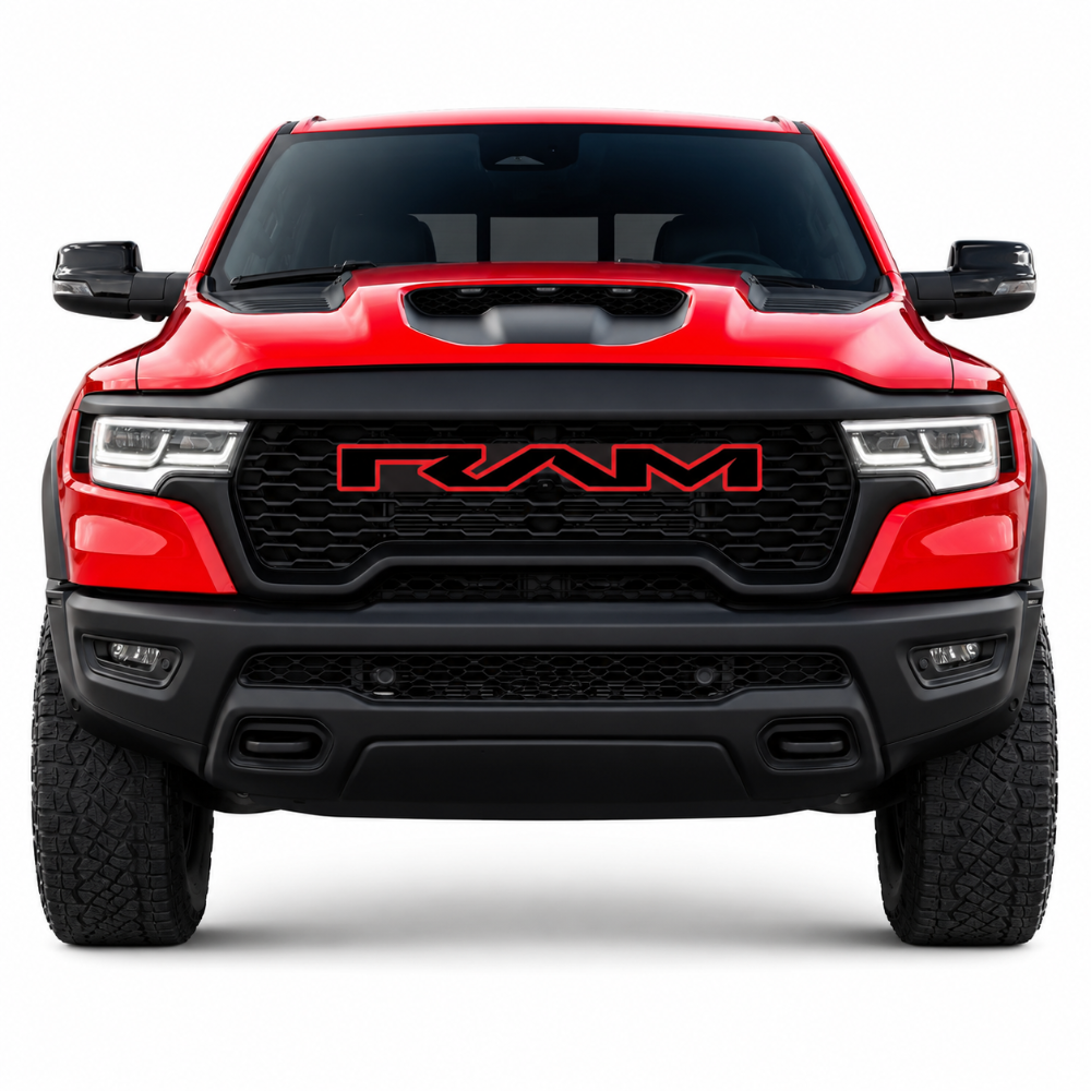 RAM 1500 TRX and RHO front grille badge replacement with premium aggressive styling