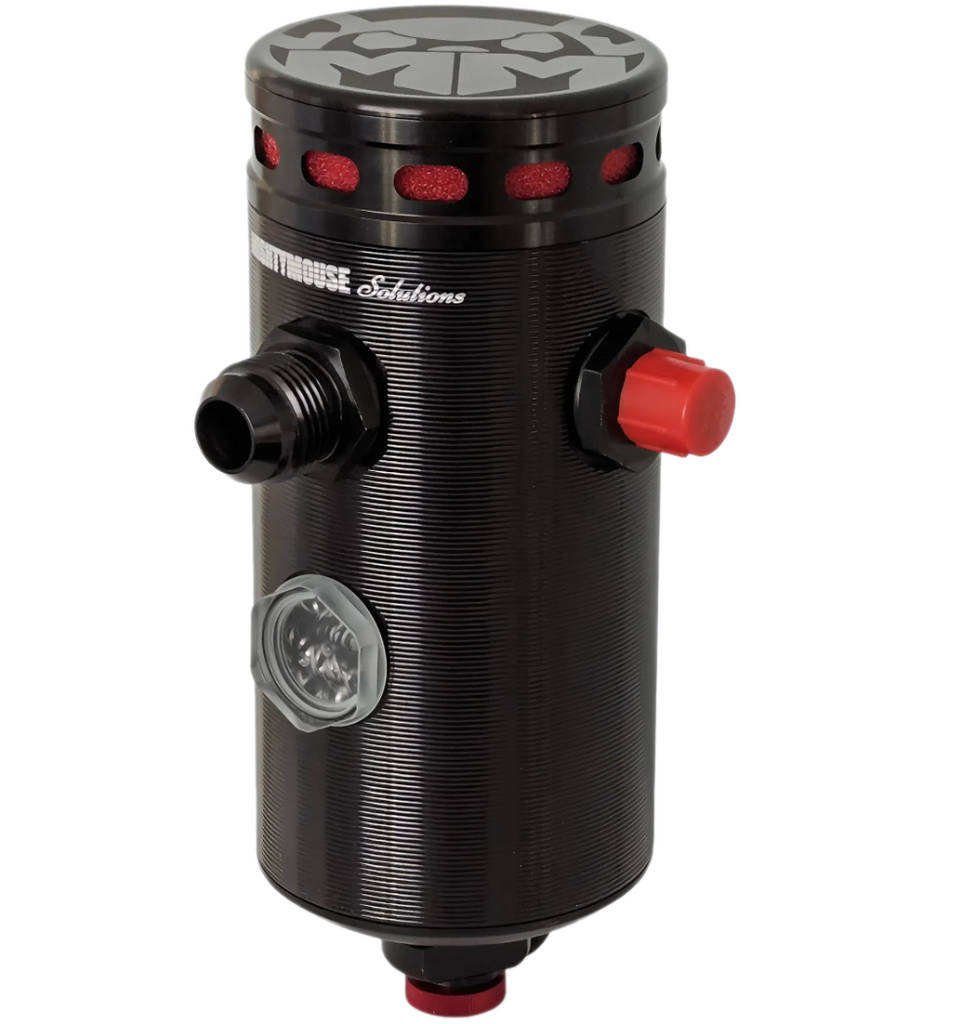 Billet can showing -12AN inlets and super check valve