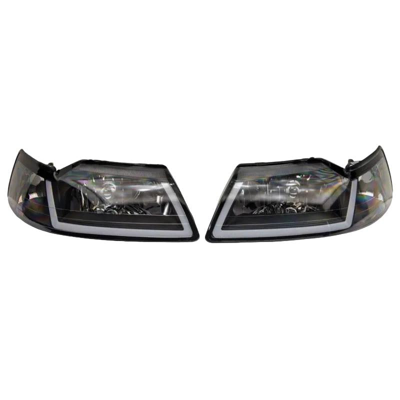 Raxiom Raxiom 99-04 Ford Mustang Axial Series Headlights w/ Sequential LED Bar- Black Housing (Clear Lens)