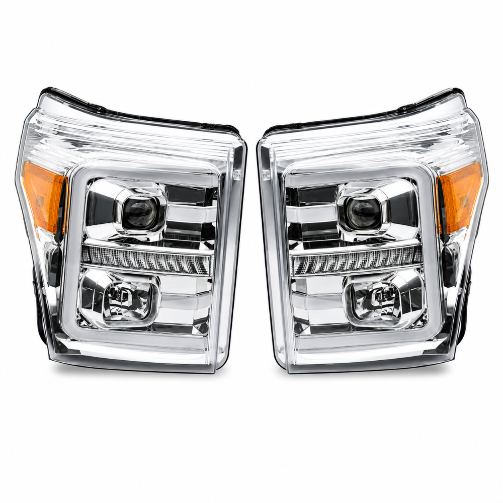 Pair of Raxiom LED projector headlight assemblies with chrome housings and clear lenses shown facing forward