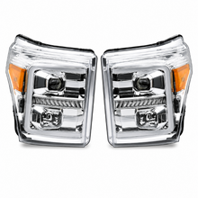 Load image into Gallery viewer, Pair of Raxiom LED projector headlight assemblies with chrome housings and clear lenses shown facing forward