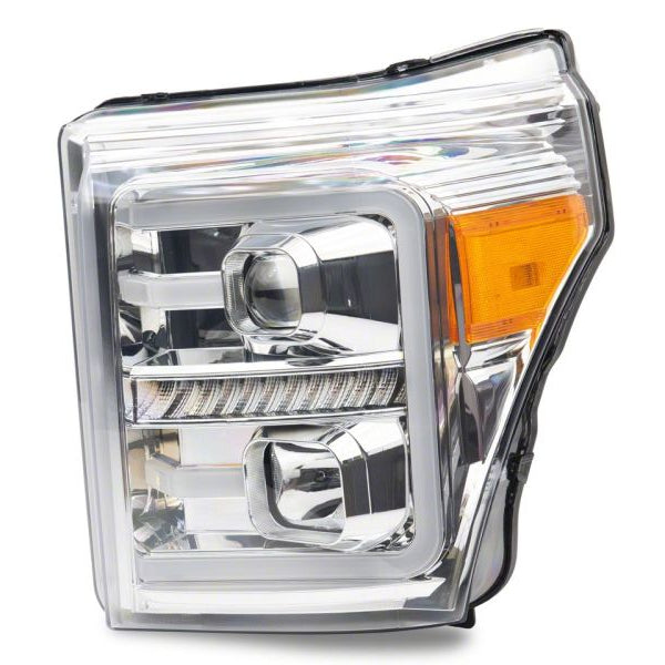 Single Raxiom Super Duty headlight photographed at an angle showing the clear lens, projector, LED bar and amber corner