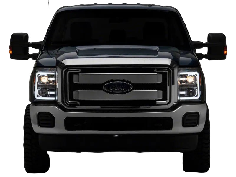 Ford Super Duty front view with the Raxiom headlights fitted and the lighting switched off