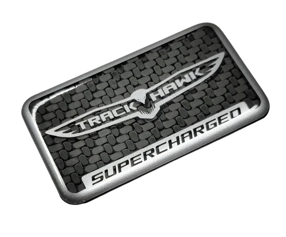 Carbon Fiber Trackhawk Supercharger Badge | RBDCBTSB, close up detail