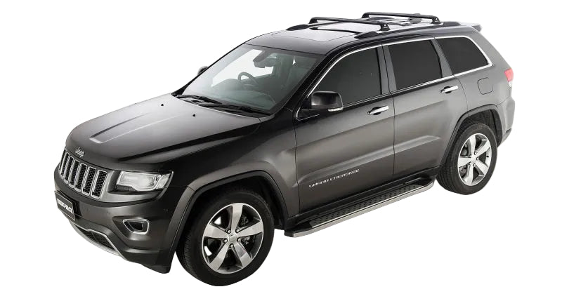 Rhino-Rack RVP27 roof rack on Jeep Grand Cherokee carrying kayak or bike using accessories